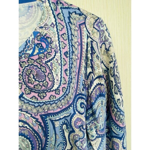 Talbots Size L Blue Purple Paisley Print Button Front Cardigan Sweater 3/4 Slv - Picture 4 of 6